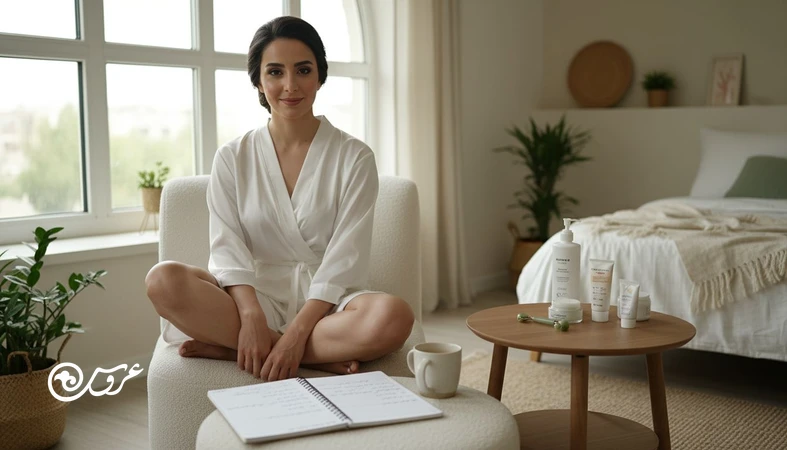 عکس واقع‌گرایانه از عروس در حال برنامه‌ریزی روتین مراقبت پوست ۹۰ روزه کنار پنجره با محصولات ساده مثل ضدآفتاب و مرطوب‌کننده
