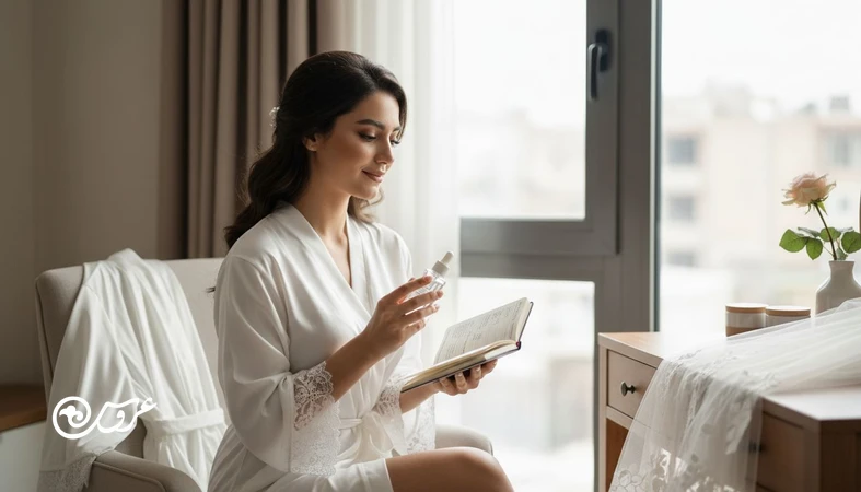 عروس در حال بررسی چک لیست درمان های زیبایی قبل عروسی با محصولات مراقبت پوست؛ تصویر مرتبط با راهنمای درمان های کم ریسک تا پرریسک