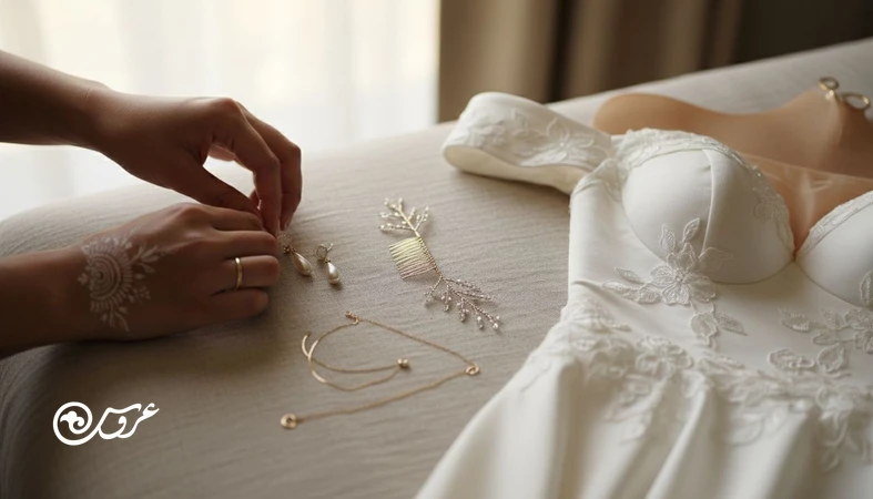 ست کردن اکسسوری عروس روی پارچه روشن کنار یقه لباس ساتن؛ گوشواره مرواریدی، گردنبند ظریف و تاج ساده برای جلوگیری از شلوغی استایل