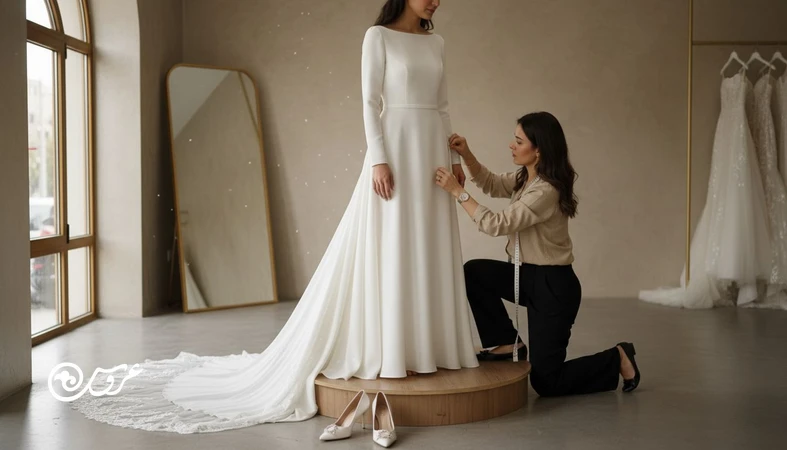 پرو لباس عروس در مزون با خیاط و متر؛ تصویر مرتبط با چک لیست پرو لباس عروس حرفه ای و جلوگیری از اشتباهات پرو لباس