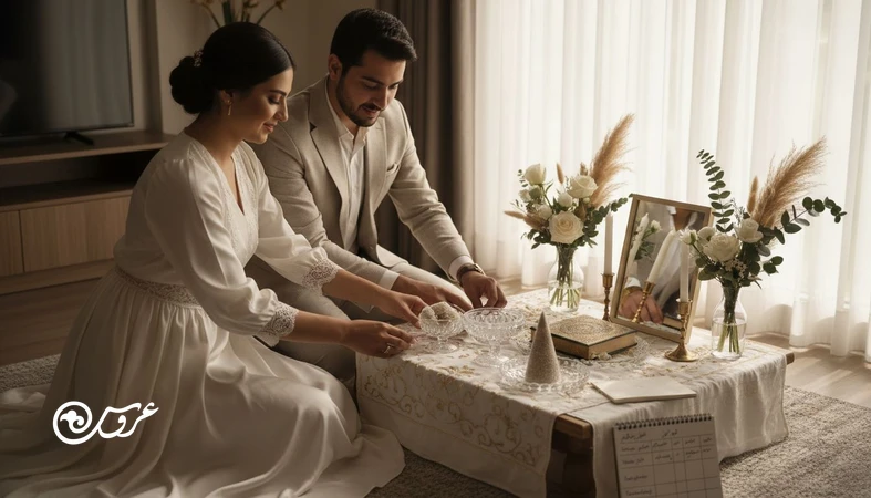 ترکیب سنت و مدرن در عروسی بومی؛ نمایی از عروس و داماد ایرانی در حال برنامه ریزی با الهام از ازدواج در شرق و غرب