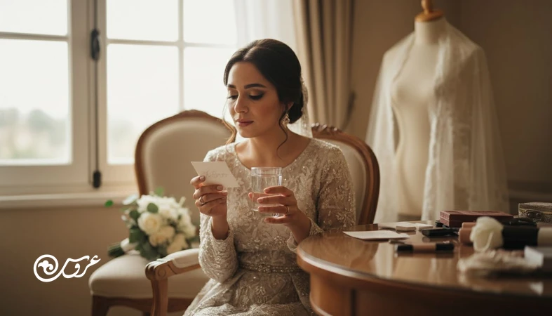عروس ایرانی در اتاق آماده سازی در حال مدیریت استرس عروس با تنفس آرام در روز عروسی
