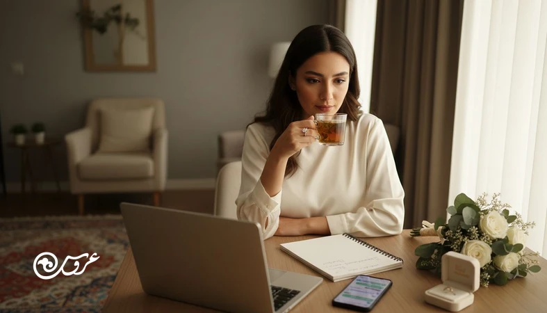 عروس شاغل در حال برنامه ریزی عروسی با مدل ساده ۳-۲-۱ و چک لیست مدیریت عروسی وقت کم