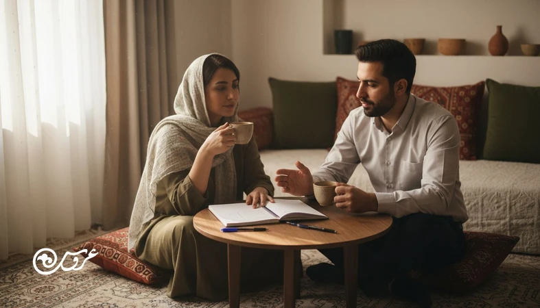 زوج نامزد ایرانی در حال گفت‌وگوی آرام درباره اختلاف قبل ازدواج و نشانه‌های هشدار قبل ازدواج با چک‌لیست روی میز