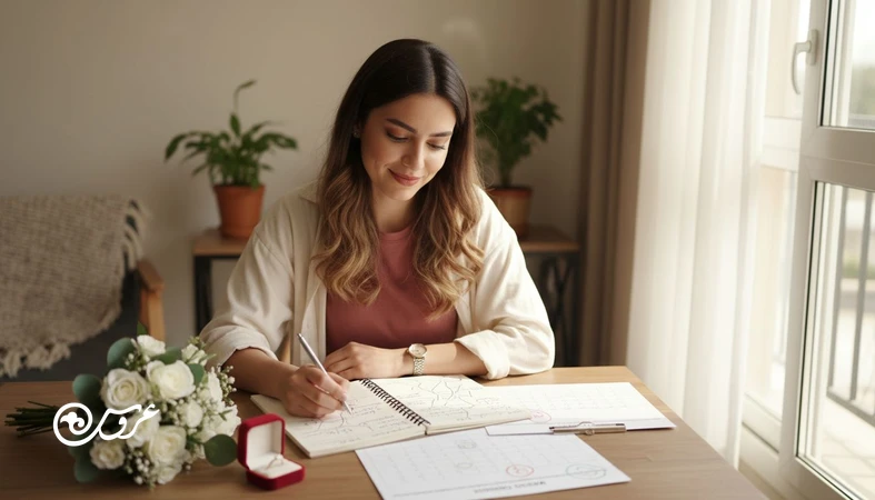 عروس در حال برنامه‌ریزی عروسی با نقشه راه مرحله‌ای از نامزدی تا عروسی، دفترچه، تقویم و بودجه‌بندی روی میز در نور طبیعی