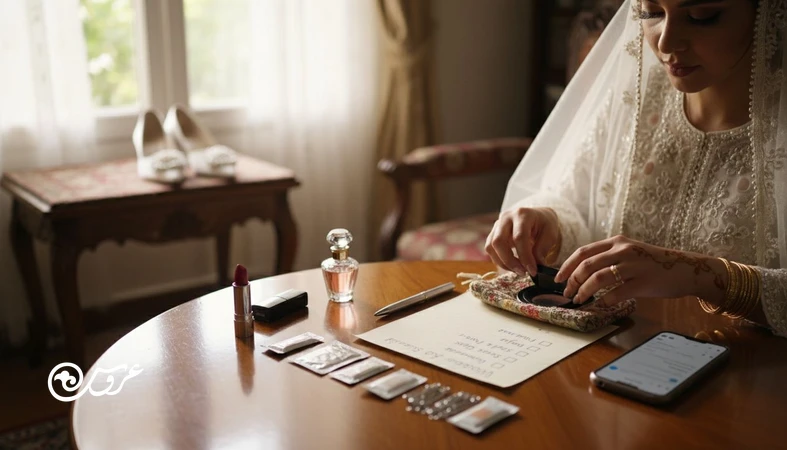 چک لیست ضروری عروس و کیف روز مراسم روی میز با لوازم ترمیم آرایش و یادداشت های برنامه ریزی برای جلوگیری از فراموشی های هزینه ساز عروسی