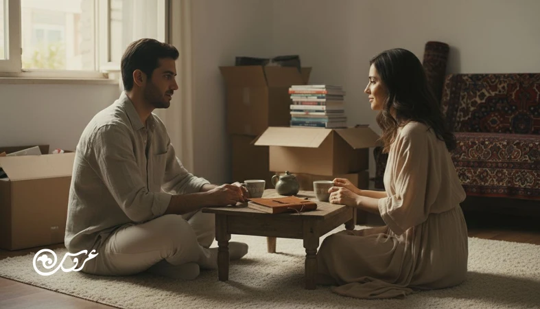 زوج تازه ازدواج کرده در ماه اول زندگی مشترک در خانه، گفت وگوی آرام درباره مشکلات رایج و راهکارهای واقعی شروع زندگی مشترک