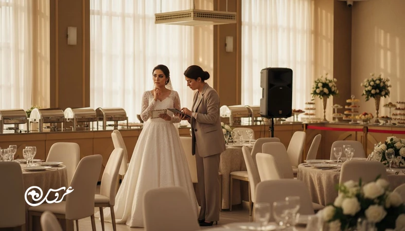 عروس در حال بررسی چک لیست راحتی مهمان ها در سالن عروسی؛ کنترل دما، صدا، چیدمان و پذیرایی برای جلوگیری از اشتباهات مراسم