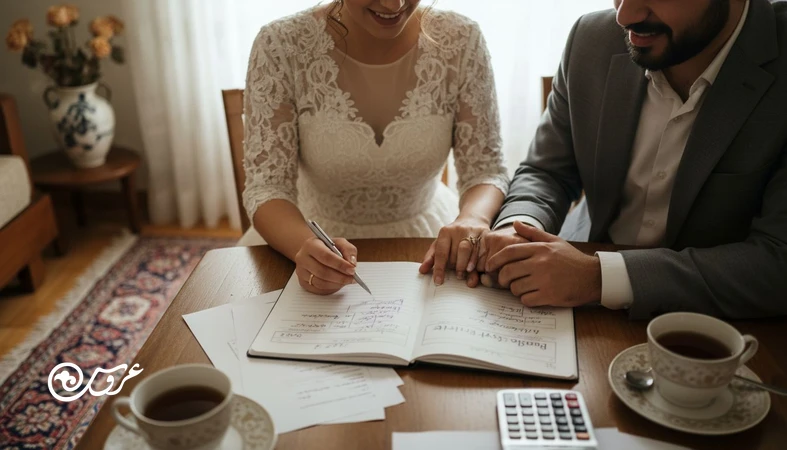 زوج ایرانی در حال بررسی بودجه عروسی و تصمیم‌گیری بین تعداد مهمان‌ها و سبک مراسم روی میز با نور طبیعی