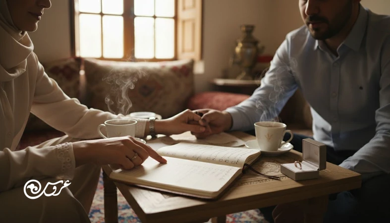 زوج جوان در حال گفتگو و نوشتن توافق‌ها برای شفاف سازی قبل ازدواج و جلوگیری از دلخوری بعد ازدواج