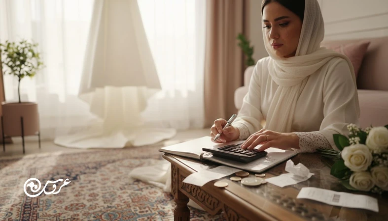 عروس در حال ثبت هزینه های پنهان عروسی در دفتر بودجه با رسیدها و ماشین حساب؛ تصویر مرتبط با ریز هزینه های عروسی و بودجه اضطراری عروسی