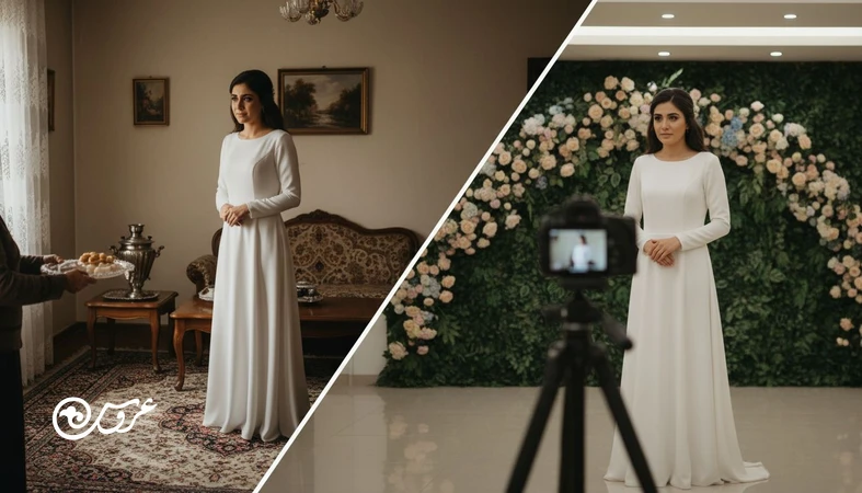 تصویر واقع گرایانه از تحول مراسم عروسی در ایران؛ عروس میان فضای سنتی خانه و تالار مدرن، نمادی از تاریخچه عروسی در ایران و عروسی مدرن