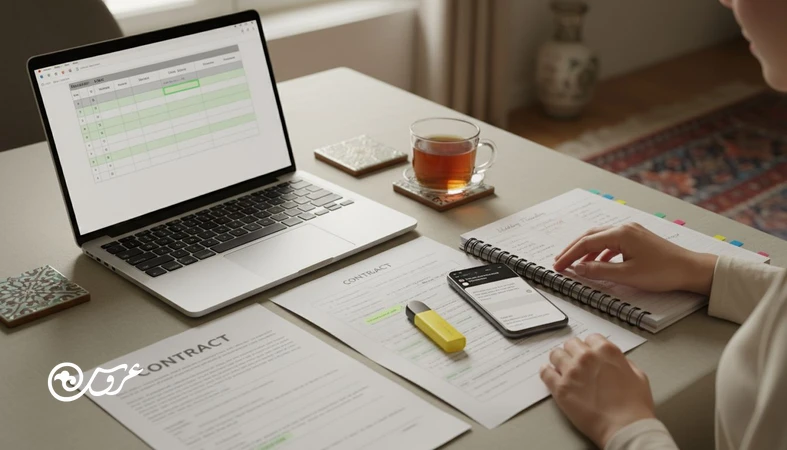 عروس در حال مدیریت سرویس‌دهنده‌های عروسی با قرارداد و شیت پیگیری برای هماهنگی روز عروسی و پیگیری قرارداد عروسی