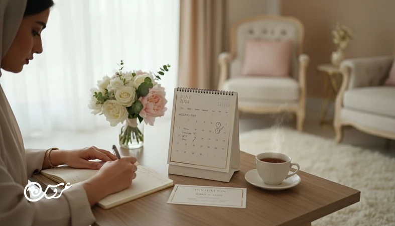 برنامه‌ریزی و چک‌لیست ماه‌به‌ماه عروسی از ۹ ماه قبل تا هفته آخر روی میز کار عروس با تقویم و دفتر یادداشت