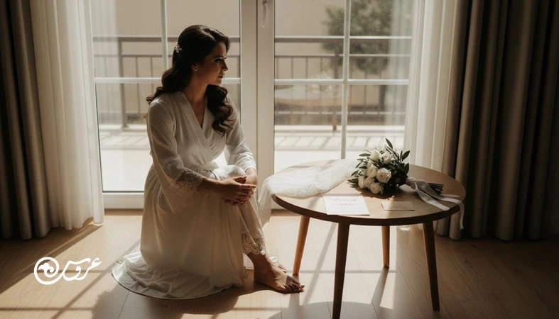 عروس تازه‌ازدواج‌کرده کنار پنجره با حس خلأ احساسی بعد از عروسی و افت هیجان پس از مراسم