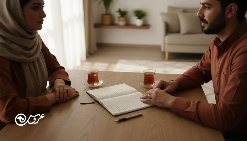 زوج ایرانی در حال گفتگوی قبل ازدواج و بررسی چک‌لیست موضوعات پول، خانواده، مرزها و سبک زندگی روی میز