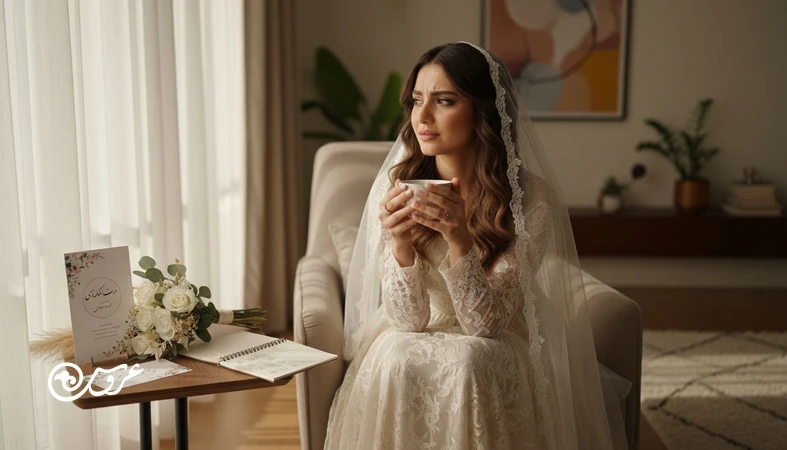 عروس ایرانی کنار پنجره با چک لیست و دعوتنامه، در حال تجربه اضطراب قبل از عروسی و جست وجوی راهکارهای آرام سازی