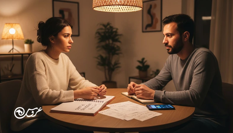 زوج نامزد ایرانی در حال برنامه ریزی عروسی و مدیریت دعواهای قبل عروسی با گفت وگو و بودجه بندی روی میز