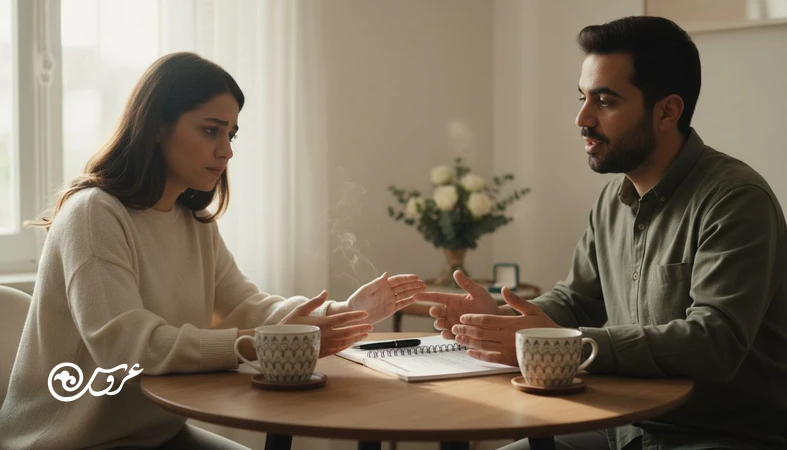 زوج نامزد ایرانی در گفتگوی آرام درباره اختلاف سلیقه و اختلاف ارزش قبل از ازدواج، با دفتر یادداشت و چک لیست روی میز