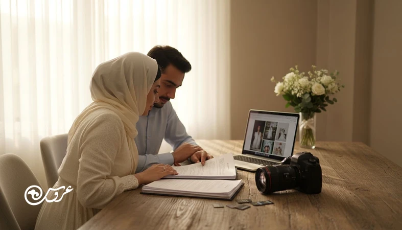 زوج در حال بررسی قرارداد آتلیه عروسی و نمونه‌کارها؛ تصویر مرتبط با سوالات مهم قبل از قرارداد عکاسی و فیلمبرداری عروسی