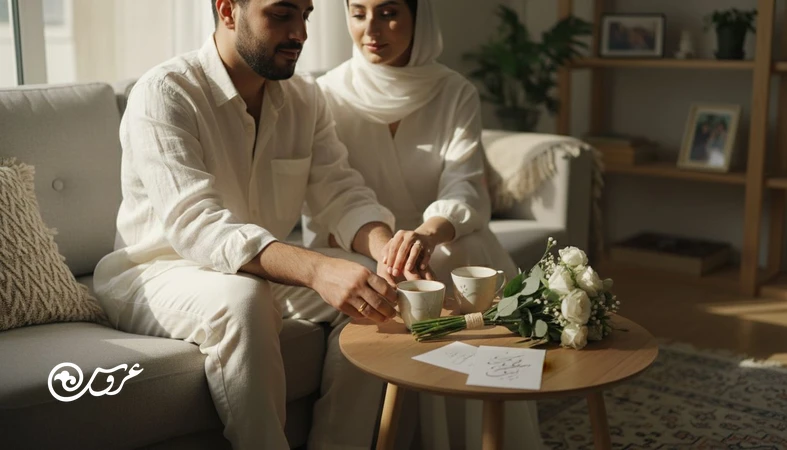 زوج تازه ازدواج کرده در خانه با نور طبیعی و فضای آرام، در حال بازسازی صمیمیت بعد از شلوغی مراسم عروسی