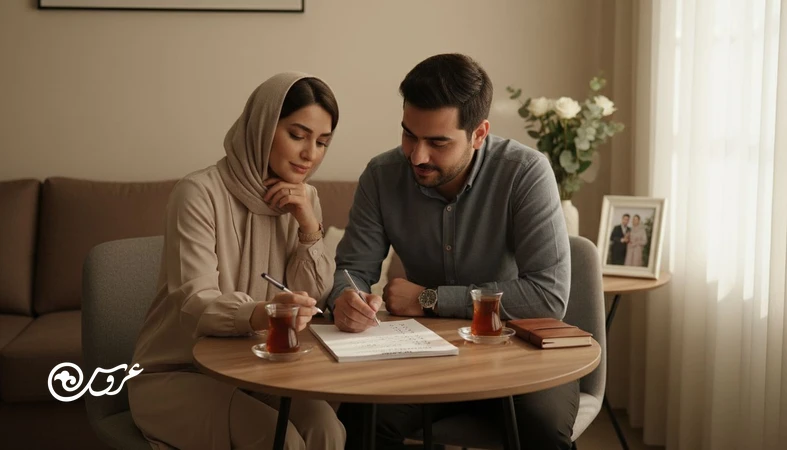 زوج تازه ازدواج کرده در خانه در حال گفت وگوی آرام برای تنظیم نقش ها بعد از ازدواج و جلوگیری از توقع های ناگفته در زندگی مشترک