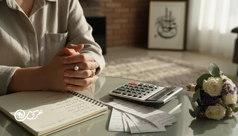 عروس در حال بررسی ریز هزینه عروسی با رسیدها و ماشین حساب؛ تصویر مرتبط با آیتم های هزینه ساز عروسی و کنترل خرج های کوچک عروسی