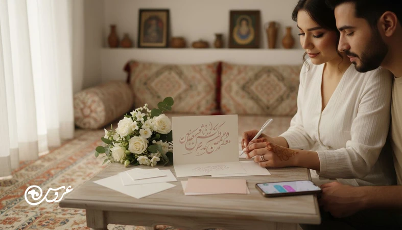 تصویر دست عروس و داماد در حال نوشتن کارت و پیام تشکر بعد از عروسی با نور طبیعی و فضای گرم خانگی