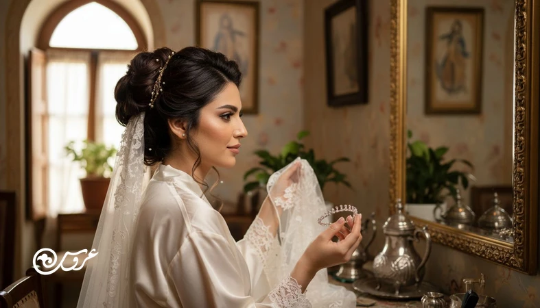 عروس در حال مقایسه تور و تاج جلوی آینه با نور طبیعی؛ راهنمای انتخاب تور یا تاج بر اساس فرم صورت و شینیون