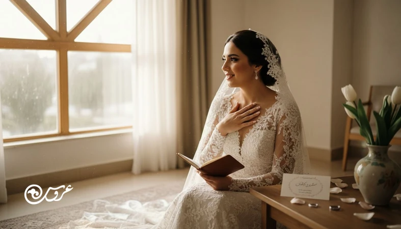 عروس ایرانی کنار پنجره با نور طبیعی و دفتر برنامه ریزی، نمادی از نگرانی قبل از عروسی و دوگانگی احساس در دوران نامزدی