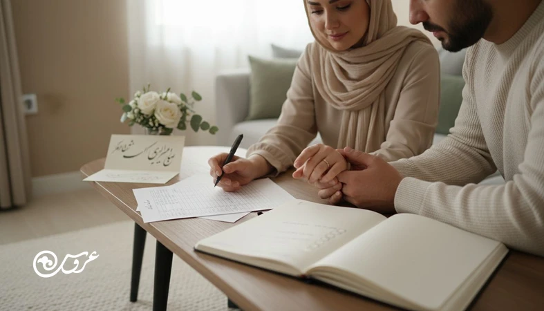 زوج ایرانی در حال بودجه بندی عروسی و تقسیم هزینه عروسی روی چک لیست و جدول، با نور طبیعی و فضای آرام