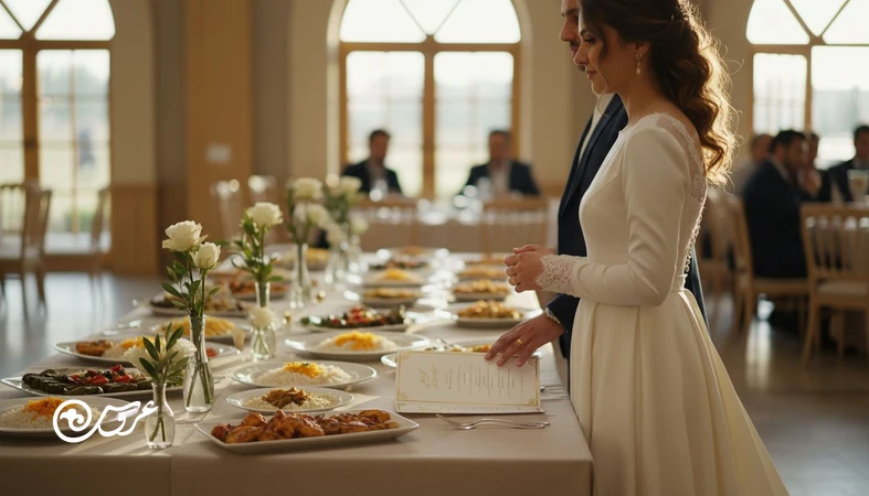 عروس در کنار میز پذیرایی در حال بررسی منوی پذیرایی عروسی با تمرکز بر تعادل بین تنوع و کیفیت