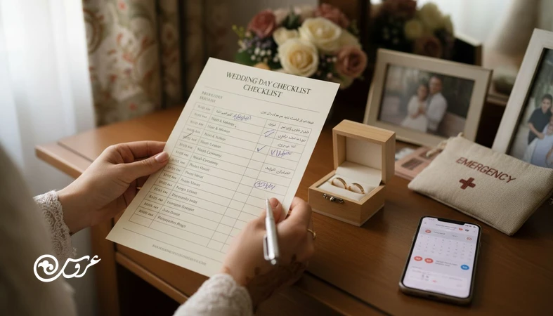 چک‌پوینت روز عروسی و چک‌لیست ساعتی عروسی روی میز آماده‌سازی عروس با حلقه و وسایل ضروری