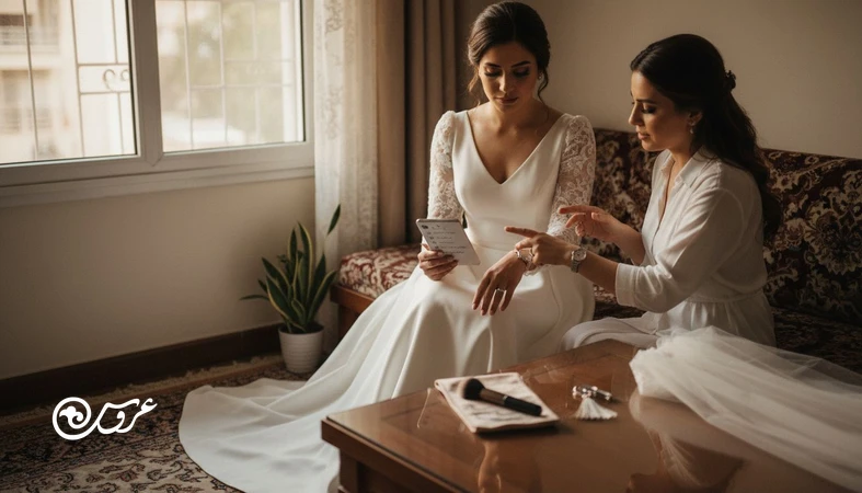 عروس در حال بررسی چک لیست و کنترل زمان عروسی هنگام مدیریت تاخیرهای روز مراسم