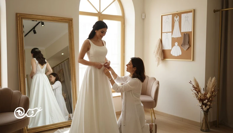 پرو لباس عروس در مزون با تمرکز بر انتخاب لباس عروس مناسب فرم بدن و بررسی سیلوئت و فیت