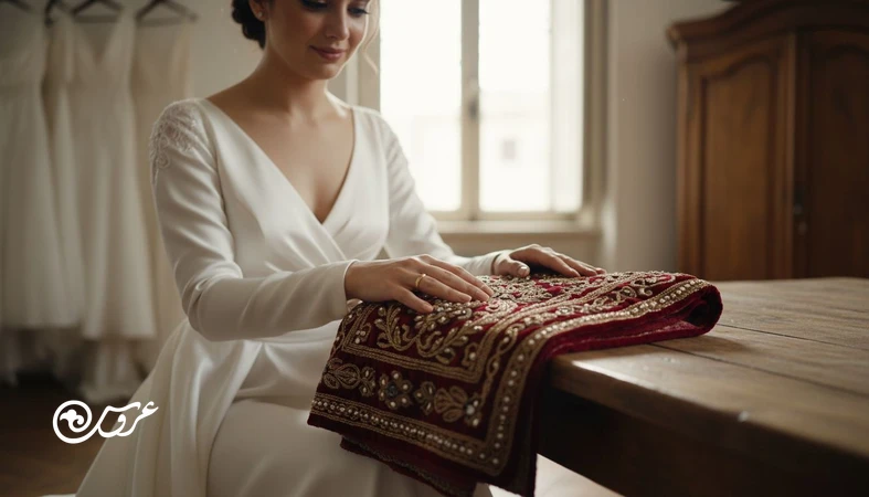 روایت تاریخچه لباس عروس در ایران و جهان؛ عروس با لباس سفید در کنار پارچه سنتی ایرانی، نماد گذار از لباس عروس ایرانی تا لباس سفید عروس