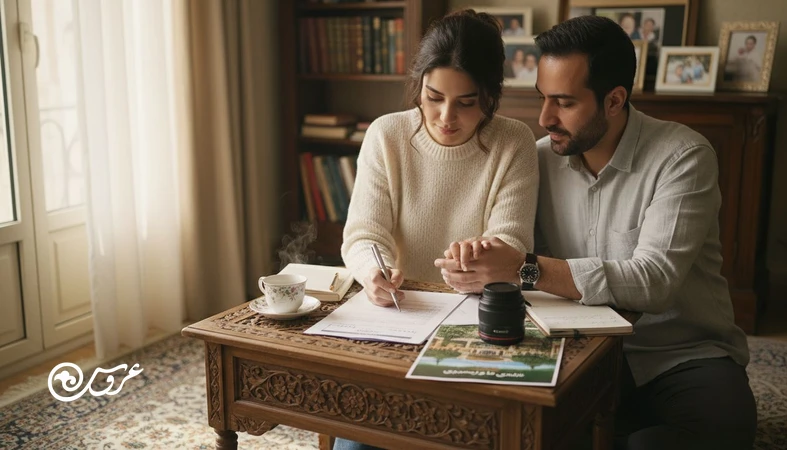 راهنمای مذاکره قیمت با تالار و آتلیه عروسی؛ زوج در حال بررسی قرارداد و بودجه بندی با بروشور تالار و تجهیزات عکاسی
