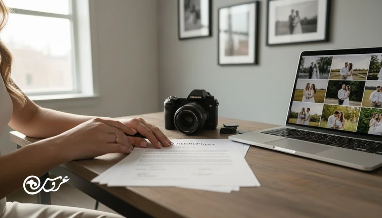 زوج در حال امضای قرارداد آتلیه عروسی با تمرکز بر بندهای فایل خام، ادیت و زمان تحویل