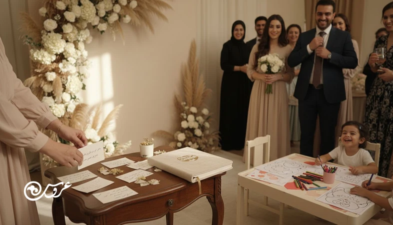 ایده‌های سرگرمی مراسم عروسی برای همه سنین؛ گوشه عکس فوری، میز یادگاری مهمان‌ها و میز سرگرمی کودک در سالن عروسی