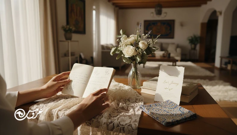 نمای نزدیک از دست های عروس کنار حلقه و یادداشت های برنامه ریزی، با نمادهایی از آیین های ازدواج در جهان و اشاره به مقایسه فرهنگ عروسی