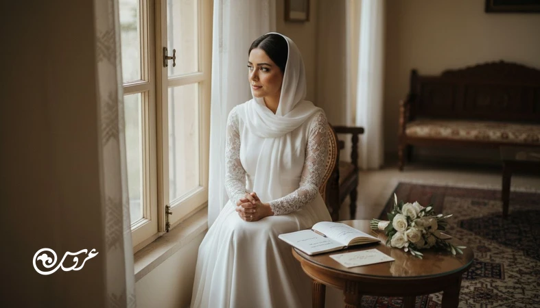 عروس ایرانی کنار پنجره با چک‌لیست برنامه‌ریزی و حالتی از استرس عروسی و تلاش برای کاهش فشار روانی عروسی