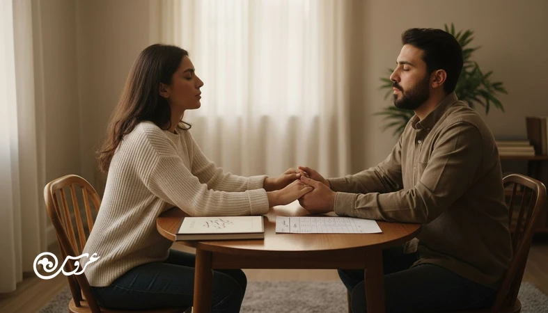 زوج نامزد ایرانی در حال مدیریت استرس عروسی و مراقبت از رابطه با گفتگوی آرام و برنامه ریزی ساده