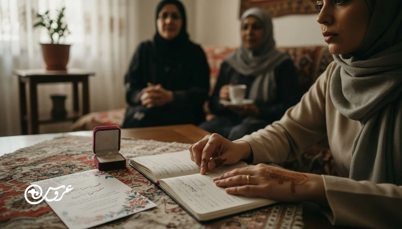 عروس ایرانی در حال تصمیم گیری درباره رسم های عروسی و مرزبندی محترمانه با خانواده در فضایی آرام و واقعی