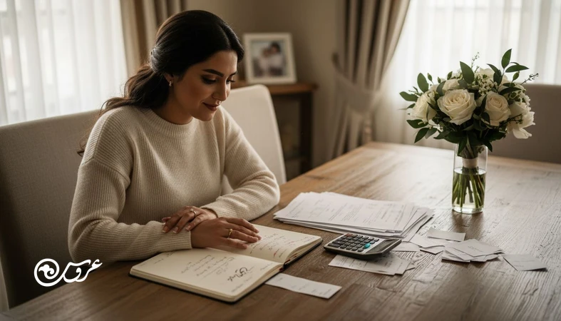 نمای نزدیک از عروس در حال بررسی قراردادهای عروسی با ماشین حساب و رسیدها؛ تصویر مرتبط با افزایش هزینه نهایی عروسی نسبت به قراردادها
