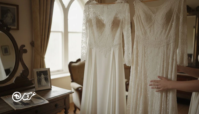 روایت تاریخی چرا لباس عروس سفید است؛ عروس در حال مقایسه لباس سفید و آف وایت با نور طبیعی