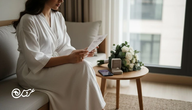 عروس ایرانی کنار پنجره با نور طبیعی و چک لیست مراسم، نماد اضطراب خراب شدن عروسی با وجود برنامه ریزی حرفه ای